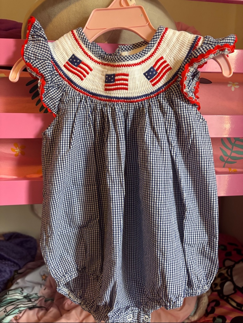 Girls Navy Gingham Smocked Romper with Flag Embroidery